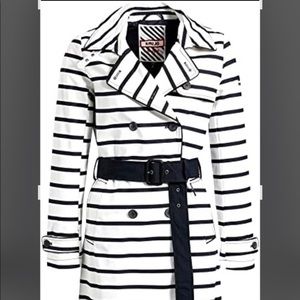 * SOLD * Khujo White and Navy Striped Trench Coat Size XL